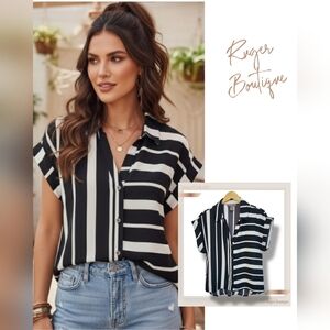 🌿Olivia & Martin Women's Medium Black & White Striped Short Sleeve Blouse